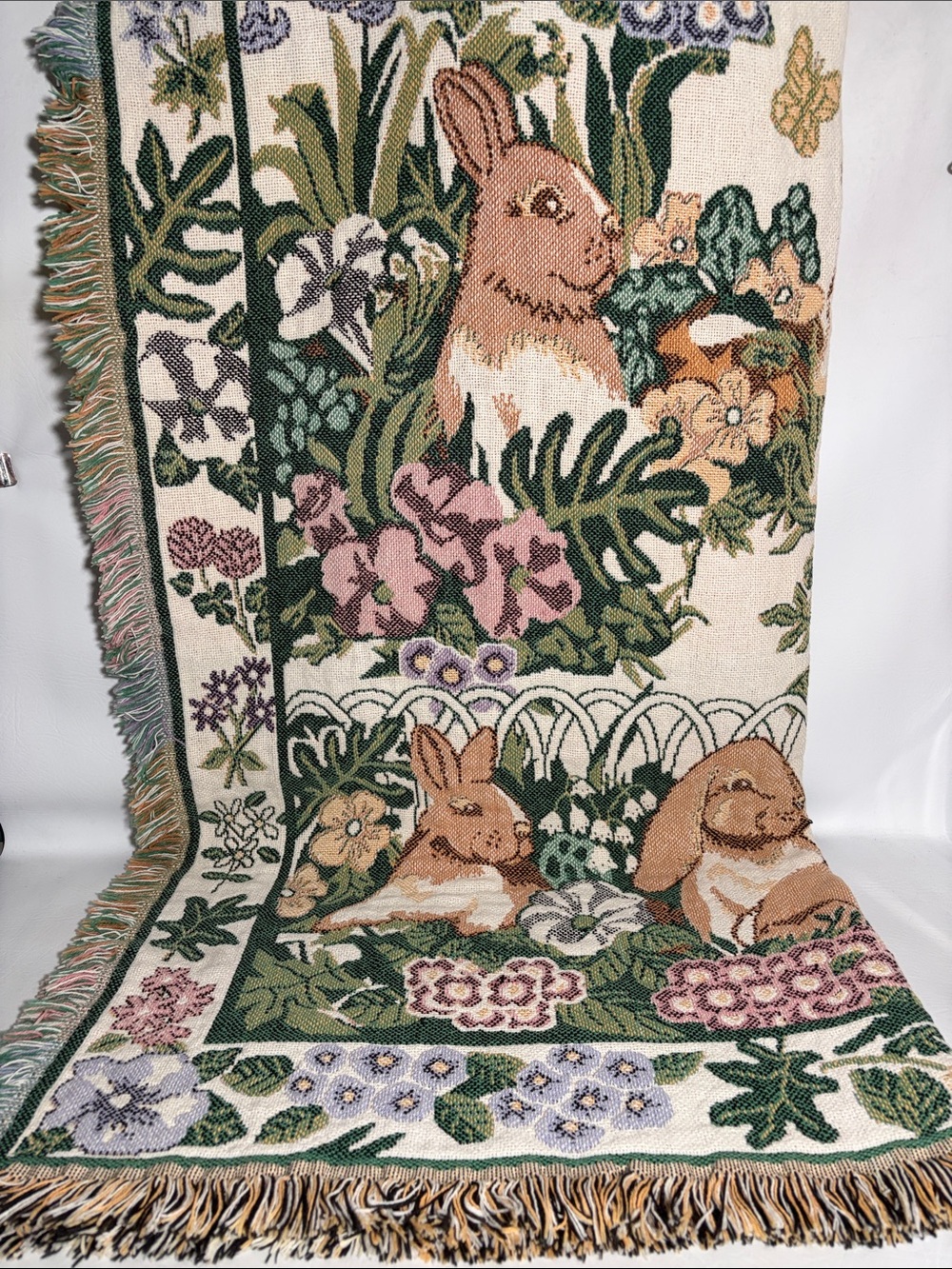 Goodwin Weavers VTG Cottagecore Bunny Rabbit Tapestry Blanket Throw 61” x 44”